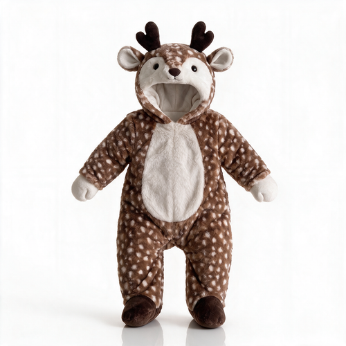 Baby reindeer onesie front view on white background