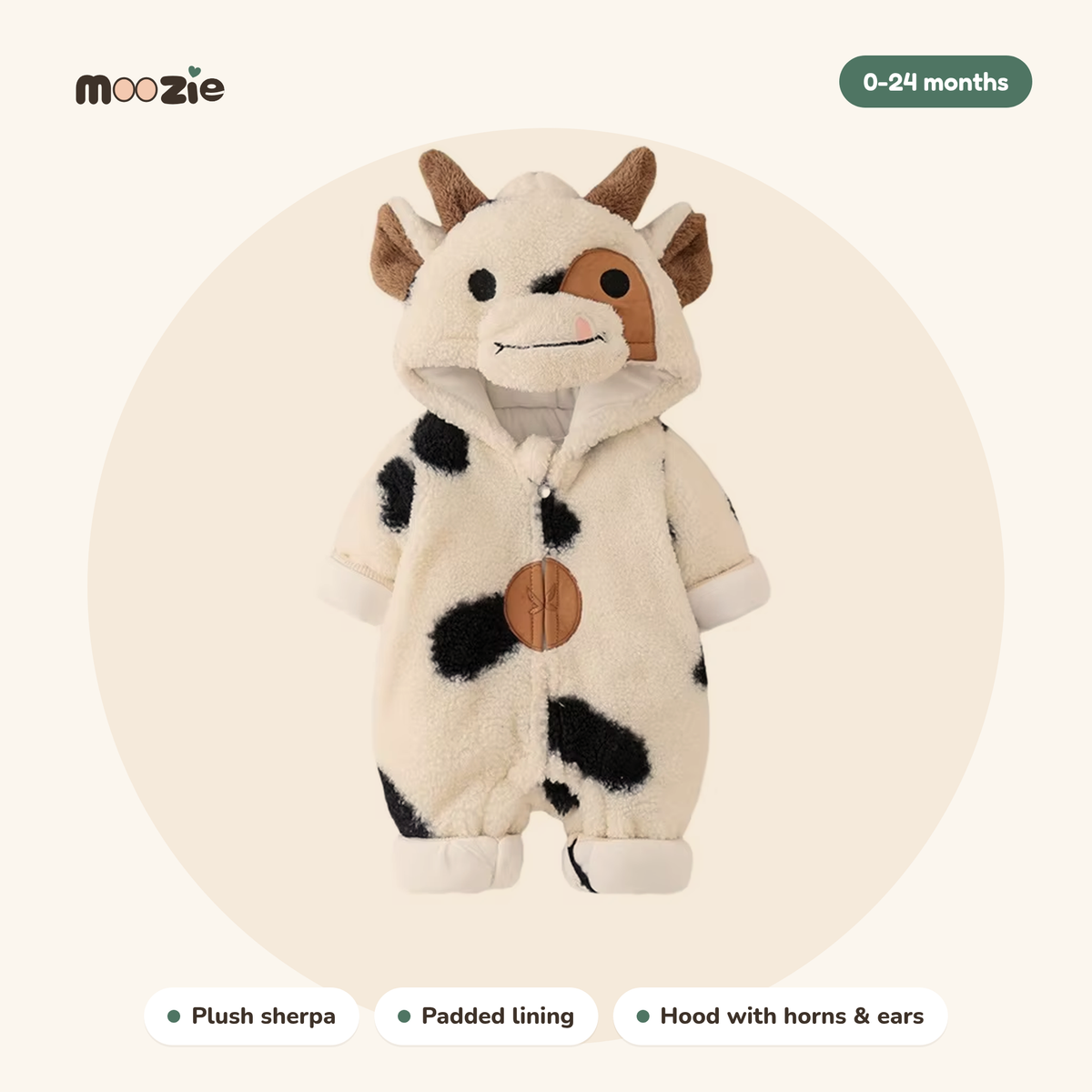 Moozie cow cuddle romper, plush sherpa hooded winter onesie for babies 0-24 months