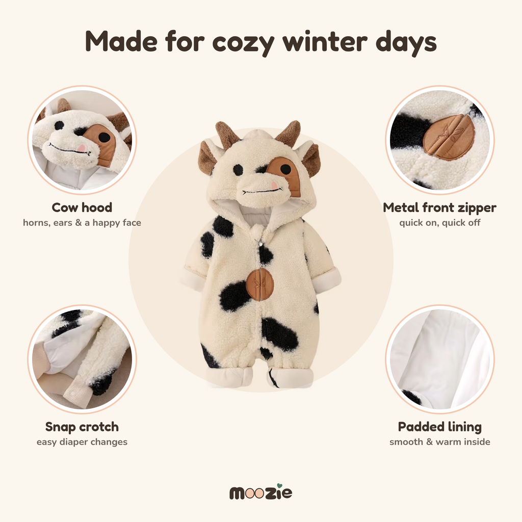 Cow romper features: cow hood, metal front zipper, snap crotch, padded lining