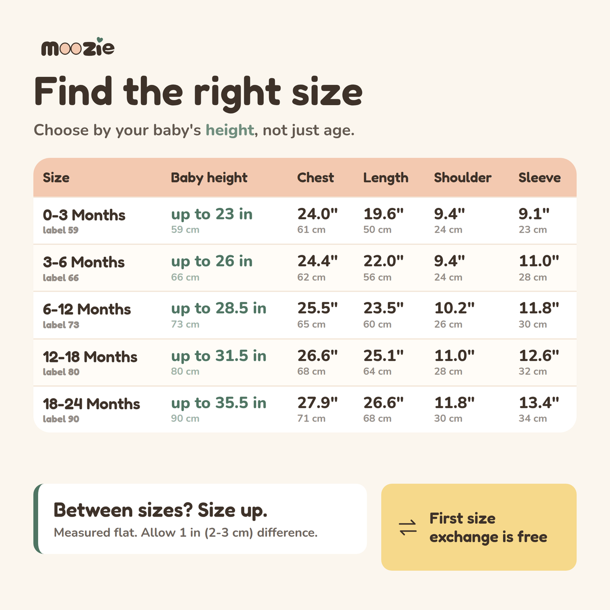 Cow romper size chart by baby height, 0-3 to 18-24 months
