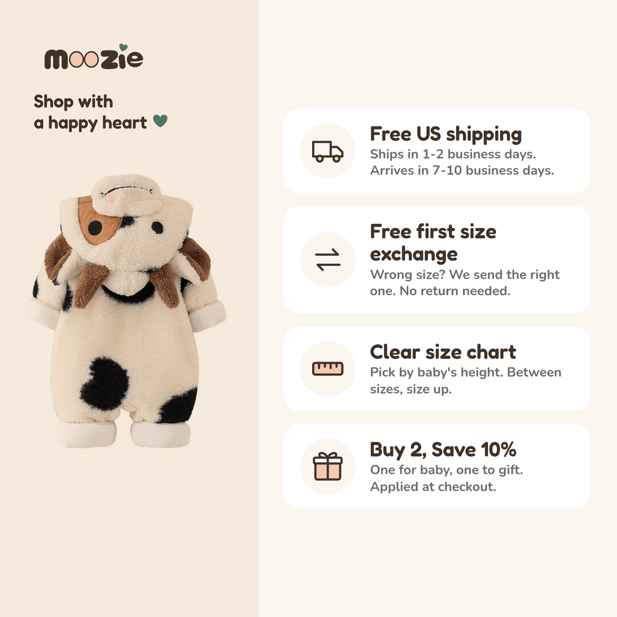 Free US shipping and free first size exchange with no return needed