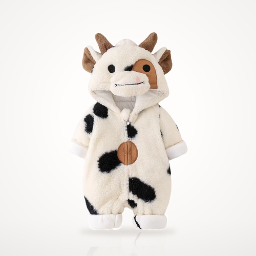 Moozie cow cuddle romper front view, cream sherpa with cow hood, horns and ears