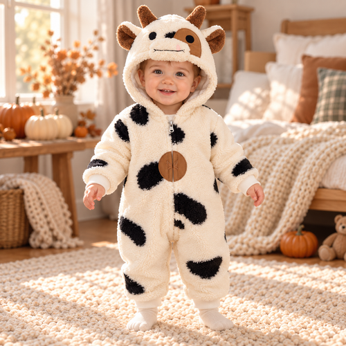 Toddler standing in Moozie cow plush hooded romper in a warm autumn bedroom